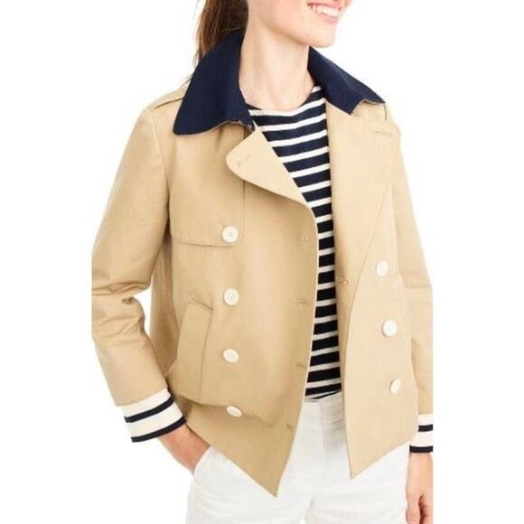 J. Crew Jackets & Blazers - J. Crew Womens Crop Trench Coat Size 2 Tan Blue Nautical Preppy Jacket Stripes